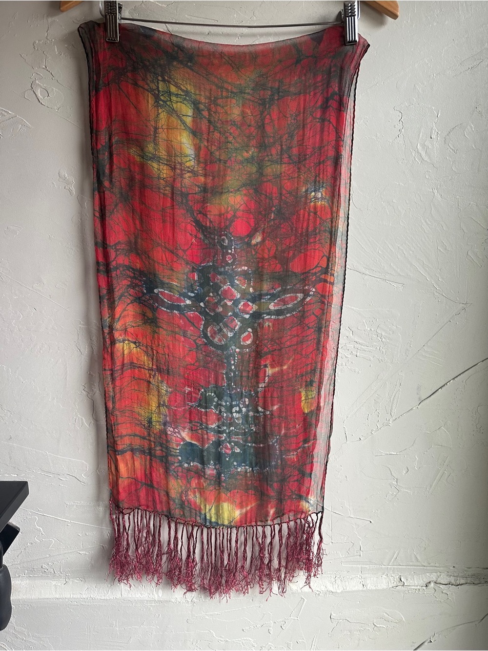 Abstract Tribal Fringe Scarf Red Black Sheer Boho Artsy Wrap Festival Goth 56x14